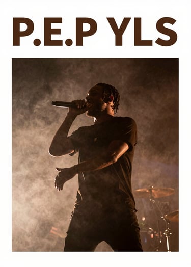 Low-angle shot of P.E.P YLS performing on a dimly lit stage. Rich #3D2C20 and #8D765D lighting highlights his silhouette against #F5F5EB smoke, capturing an immersive live experience.