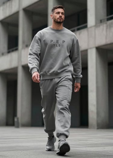 A low-angle shot of P.E.P YLS walking through a urban landscape with brutalist architecture. He is wearing a monochromatic #3D2C20 outfit. The composition is clean and modern, highlighting his powerful persona.