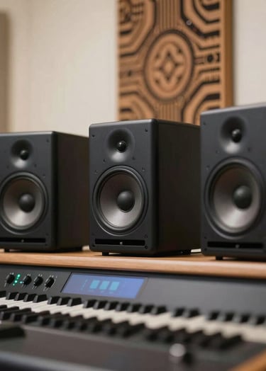 A close-up shot of a modern music production setup featuring high-end monitors and a custom-etched Nigerian pattern on the acoustic panels. The color palette is a mix of #F5F5EB and #3D2C20, reflecting a clean and professional workspace.