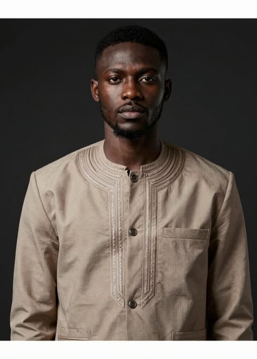 A high-fashion vertical portrait of P.E.P YLS. He is wearing a structured designer jacket with subtle Nigerian-inspired embroidery in #8D765D. He has a confident, steady gaze. The lighting is cinematic with deep shadows, set against a clean #0A0A0A background. Premium aesthetic, sharp focus.