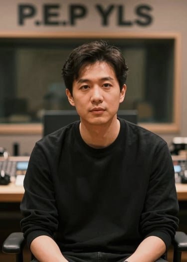A striking, medium shot of P.E.P YLS in a high-end recording studio. He is focused, wearing a simple yet premium #0A0A0A black shirt. The lighting is soft and warm, highlighting the professional environment and his artistic dedication. Colors are muted with hints of #8D765D.