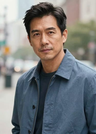 A sophisticated lifestyle portrait of a North American actor in a soft-focus urban setting. Natural daylight, elegant and contemporary style. The actor wears a muted slate blue jacket, looking confidently toward the camera with a polished, approachable expression.