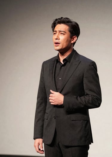 A sophisticated medium shot of a contemporary actor performing a monologue on a minimalist stage, dramatic spotlighting in off-white tones, North American / US theater setting, elegant and modern mood.