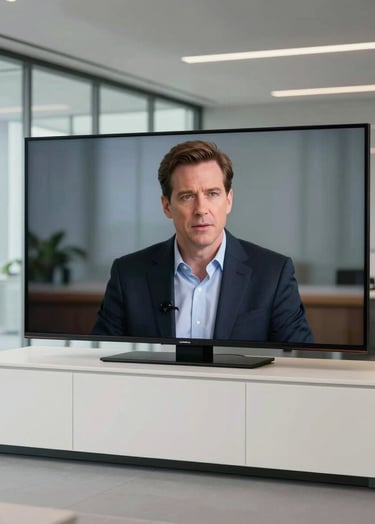 A wide photography shot of a professional television set in the North American / US region. The composition shows the actor in character within a sleek, modern office setting with large glass windows and clean architectural lines. Off-white and dark grey palette.