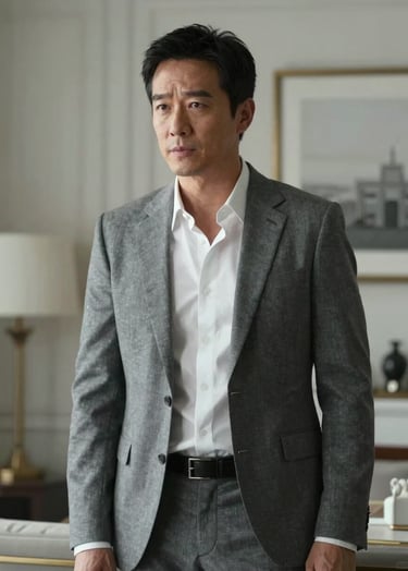 A high-contrast medium shot of an actor in a dramatic television scene. The setting is a sophisticated North American / US apartment. The lighting is cinematic, utilizing soft shadows and elegant, contemporary styling in shades of grey and off-white.