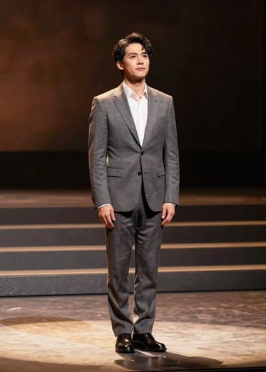 A cinematic shot of an actor taking a bow on a grand North American stage, warm stage lights casting soft shadows, elegant and polished contemporary theatrical style.