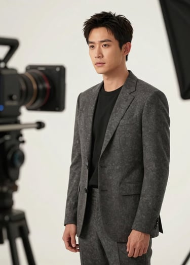 An elegant actor standing on a cinematic set in a North American location, professional equipment visible in the blurred charcoal and off-white background.