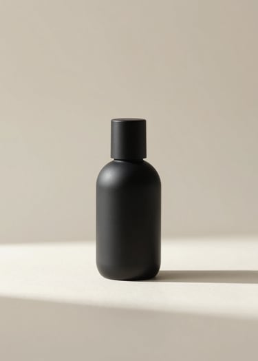 A minimalist studio shot of a sleek, matte black (#1A1A1A) designer bottle on a soft cream (#F8F5F2) surface. Harsh shadows are avoided; instead, soft, diffused lighting creates a sense of luxury and calm. Composition is clean with significant negative space. Apple-inspired agency style.