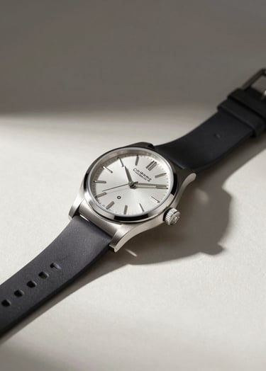 Commercial photography of a high-end wristwatch on a soft off-white surface. Professional lighting creating deep charcoal black shadows and light silver grey highlights. Clean, minimalist composition in a modern Central European / German studio setting.