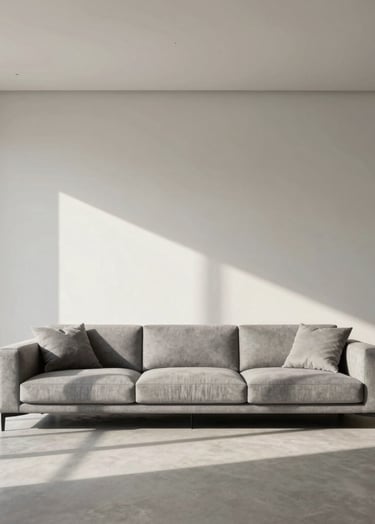 High-end interior photography of a minimalist Central European / German living room, showcasing sharp architectural lines, soft off-white walls, and medium grey furniture with elegant shadows from natural light.
