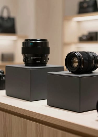 A sleek, modern commercial product display featuring luxury items in a clean Central European boutique setting, emphasizing soft lighting and sharp charcoal black accents.