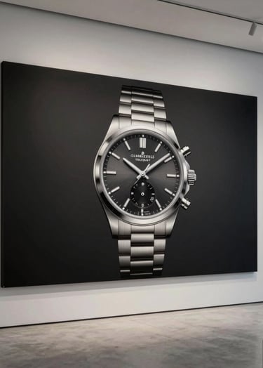 A clean, modern advertising banner for watches displayed in a minimalist Central European / German gallery space, featuring professional photography with deep charcoal black and light silver grey colors.