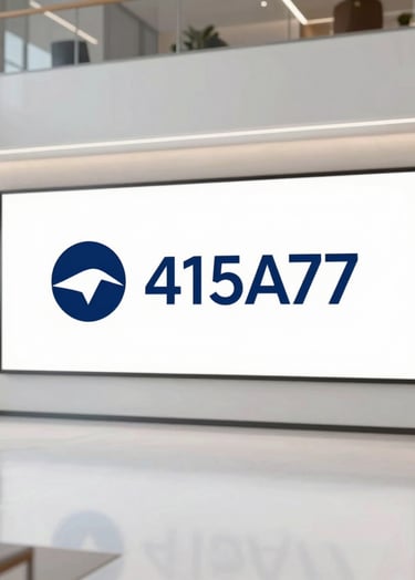 Wide shot of a modern office lobby with the new brand logo displayed on a large screen. The color scheme is professional, featuring #415A77 and #E0E1DD. Bright, clean, and trustworthy.