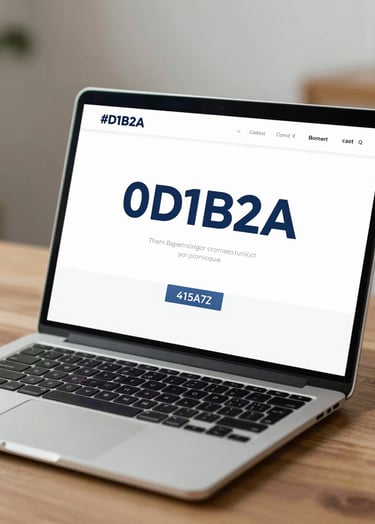 A high-end laptop sitting on a wooden desk, showing a brand guide PDF. The layout is clean and professional, featuring the color palette #0D1B2A and #415A77 prominently.