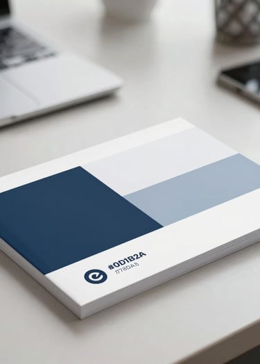 A sleek, professional brand manual lying on a desk, showing a minimalist logo with a palette of #0D1B2A and #778DA9. Modern, clean lighting with a shallow depth of field, conveying creative expertise.