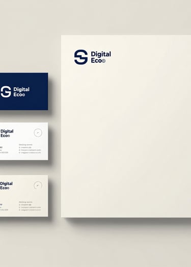 An array of corporate stationery including business cards and letterheads with the 'Digital Eco' logo. The design is minimalist and uses the brand colors #415A77 and #0D1B2A on off-white paper #E0E1DD.