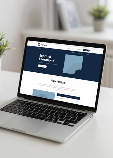 A sophisticated and clean hero image showing a high-end laptop on a minimalist desk. The screen displays a professional website design with a palette of #0D1B2A navy and #778DA9 light blue. The lighting is soft and natural, emphasizing creative expertise. Modern and inviting atmosphere.