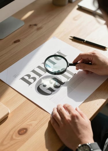 Top-down photography of a wooden design table in a North American office. Hands are holding a magnifying glass over a typographic layout. The scene is lit by warm morning sunlight, showcasing a professional and artistic process.