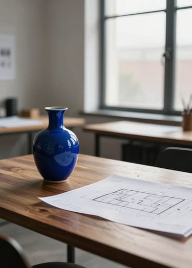 A sophisticated, professional portrait of a workspace in a North American design studio. A high-end wooden desk holds a single ceramic cerulean blue vase and some architectural blueprints, reflecting a minimalist and focused creative environment with natural window light.