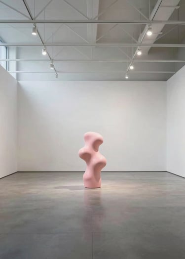 A wide shot of a minimalist gallery space in the North American / US. White walls, a single soft pink sculptural element in the center, and high ceilings with industrial geometric lines, reflecting a sophisticated Bauhaus aesthetic.
