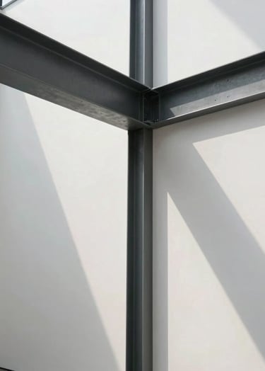 An architectural detail shot of a modern North American gallery space. The image captures the intersection of white plaster walls and dark gray steel beams, with soft natural light creating clean, geometric shadows that emphasize the Bauhaus-inspired precision of the structure.