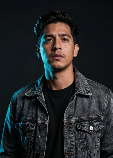 A dramatic, low-key portrait of a male artist with an inspiring expression, wearing modern urban attire, lit with a subtle electric neon cyan rim light in a dark South American / Colombian studio setting.