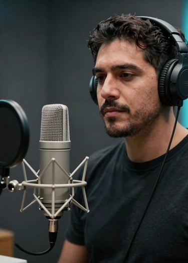 A South American / Colombian artist recording in a booth. Cinematic depth of field, focused on the professional microphone. Dark slate grey background with neon cyan accents.