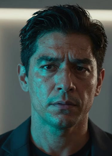 A cinematic close-up of a professional South American / Colombian actor with intense emotional expression. Lighting is dramatic with electric neon cyan highlights on the face and dark charcoal shadows. Modern urban aesthetic, soft cloud white rim lighting.