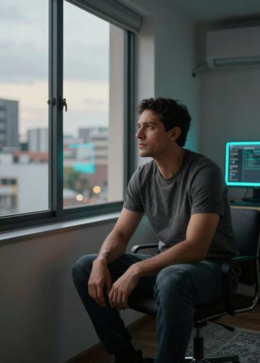 A professional portrait of a male artist in a modern South American / Colombian urban apartment. He is sitting thoughtfully near a large window at dusk. The room is filled with dark grey and off-white textures, with a subtle neon cyan glow from a studio monitor in the corner. Cinematic lighting, soft bokeh.