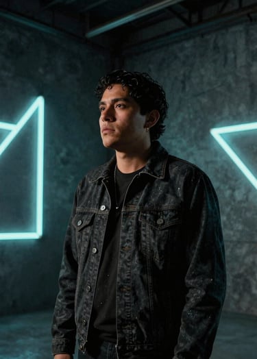 A still from a music video featuring a South American / Colombian artist in a dark gunmetal gray industrial loft. Geometric patterns of electric neon cyan light are projected on the walls. Moody, emotional atmosphere.
