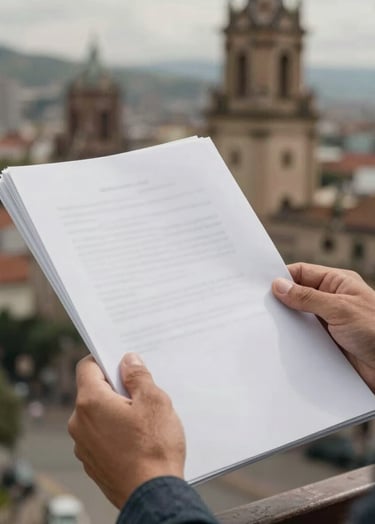 Detailed view of an actor's hands holding a script, with blurred South American / Colombian city architecture in the background. The lighting is off-white and natural, with dark grey shadows. Emotional and inspiring mood.