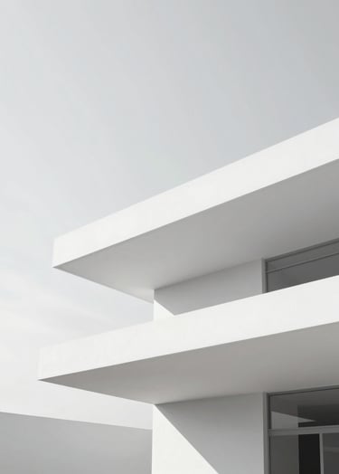 An abstract architectural detail of a modern gallery building. Clean white geometric lines and sharp, refined shadows against a pale, desaturated sky. High-key lighting, conveying a sense of space and precision. Palette: #F8F5F2, #D8D8D8.
