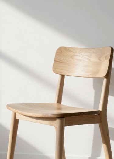 An aesthetic interior detail. A designer chair in pale wood placed in front of a white wall. The sunlight creates a soft, rectangular pattern on the wall. The style is very clean, inspired by modern creative agencies.