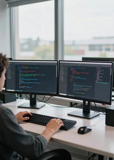 Wide environmental shot of a QA engineer at a desk with two monitors showing testing dashboards and code, natural north-facing daylight through a large window, mid-distance framing showing workspace context