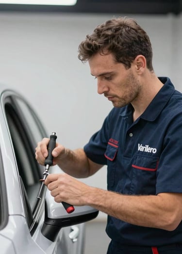 A professional Varillero artisan wearing a navy branded uniform working on a car door, focused expression, high-quality specialized tools, premium studio atmosphere.