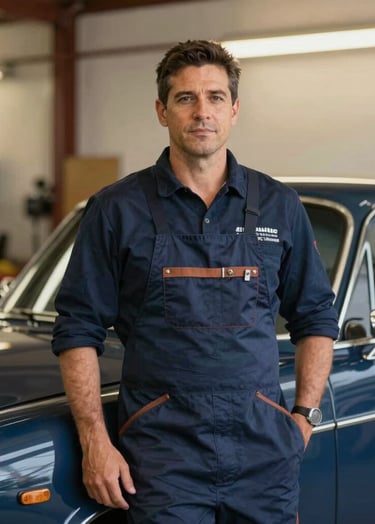 An expert varillero standing confidently next to a restored classic car. He is dressed in a professional workshop apron. The mood is powerful and leading. Background features a clean workshop in #0A1E3C navy tones with warm #E7C670 lighting highlights.