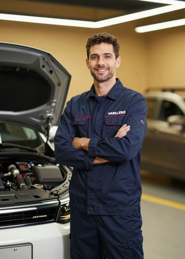 Portrait of a professional Varillero technician in a clean, navy blue uniform standing confidently next to a repaired vehicle. Warm, approachable lighting with gold accents #E7C670 in the background. High-end automotive studio setting.