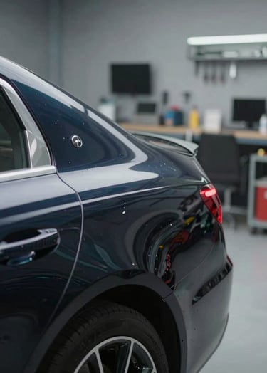 Before shot: A luxury dark navy sedan with a deep, sharp dent on the rear wing, situated in a professional workshop with high-quality tools visible in the background, soft professional lighting.