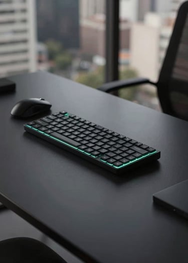 A minimalist, technological workspace in a South American urban setting. A sleek black desk with only a high-end mouse and keyboard, glowing with a subtle neon green light. Professional and pragmatic mood.