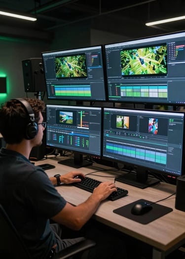 A wide cinematic shot of a modern, dark-toned workspace in Brazil, where a professional video editor works on multiple screens showing complex motion design, lit by subtle neon green glow.