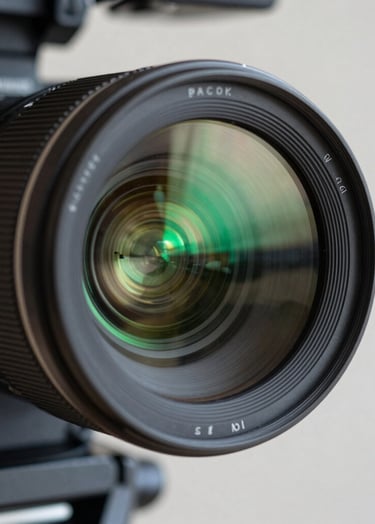 Extreme close-up of a high-end cinema camera lens reflecting neon green light streaks, captured in a minimalist professional environment in South America.