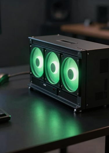A cinematic close-up of a high-end video editing workstation in a dark room. Neon green glowing light from hardware components illuminates a sleek, black desk. South American / Brazilian professional studio environment. Pragmatic, technological aesthetic.