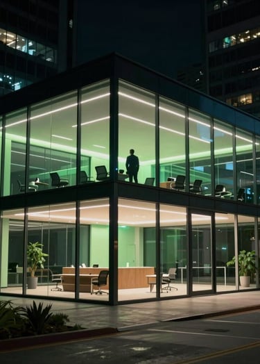 Cinematic shot of a modern, minimalist glass-walled office in a Brazilian metropolis at night. The interior is dimly lit with subtle neon green accents. Professional, elite, and strategic atmosphere.
