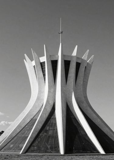 A high-contrast, black and white editorial photograph of a minimalist modern building in Brasília. The composition uses a low angle to emphasize clean geometric lines and sharp shadows against a clear sky. The mood is sophisticated and professional.