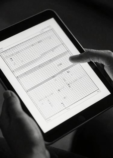 Detailed black and white photograph of hands holding a tablet showing a complex grid system, with sharp focus and cinematic editorial lighting.