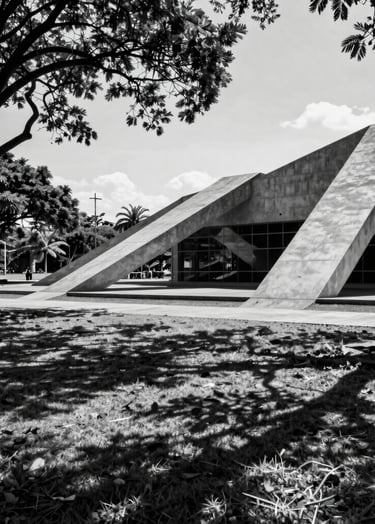 A high-contrast black and white architectural photograph of a public park in Brasília, featuring sharp shadows from tropical trees against geometric concrete structures, reflecting a sophisticated minimalist aesthetic.