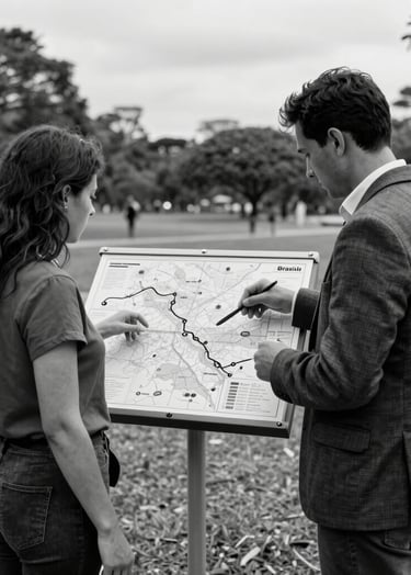 Black and white editorial photography of an environmental guide showing a map to a visitor, both in contemporary professional attire, set in an open-air park environment in Brasília.