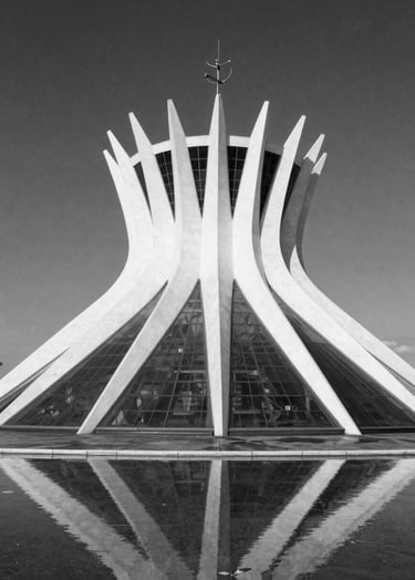 A sophisticated black and white editorial photograph of modern minimalist architecture in Brasília, featuring sharp geometric shadows and pure white surfaces against a dark slate grey sky, reflecting a high-craft professional aesthetic.