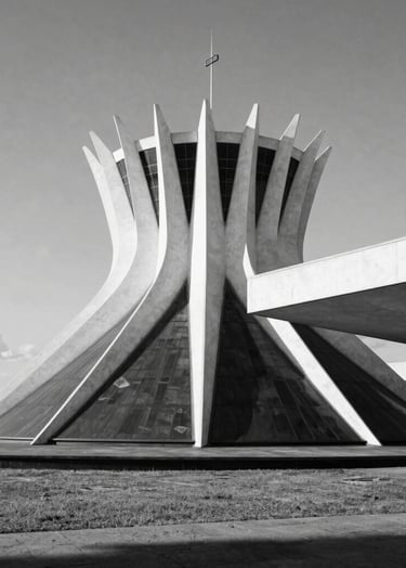 Minimalist black and white architectural shot of a modern building in Brasilia, featuring sharp shadows and clean concrete lines under a bright sun, editorial style.