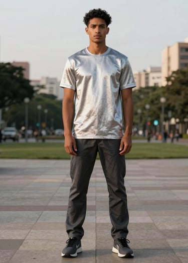 Full body photography of a charismatic South American / Brazilian male model posing in high-end streetwear. The outfit features silver and charcoal tones. Set in a minimalist urban park in Brazil, clean composition, soft evening sunlight.